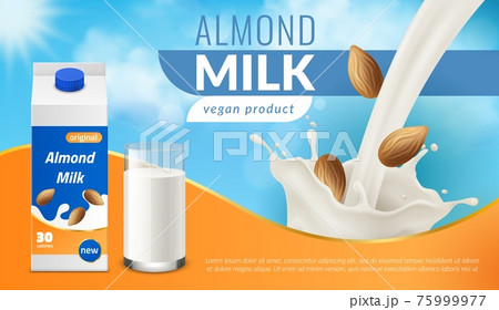Almond milk poster. Realistic healthy vegan nut drink, cardboard box and glass, protein vegetarian beverage jet and splash crown. Advertising banner template vector 3d illustration 75999977