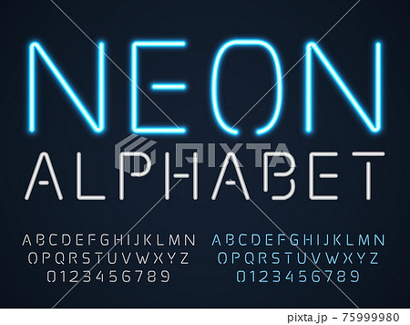Neon font. Latin fluorescent tubes latin alphabet, glowing blue light letters and numbers, electric types, inert gas radiance, shining gaslights, nightclub signboard vector set 75999980