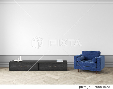 Mid-century modern white interior with armchair, dresser,console and decor. 3d render illustration mock up. 76004028