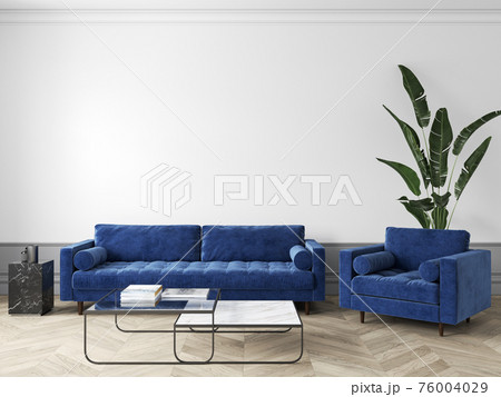 Classic white interior with blue sofa and armchair, decor, coffee table and plants. 3d render illustration mock up. Classic white interior with blue sofa and armchair, decor, coffee table and plants. 3d render illustration mock up. 76004029