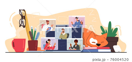 Video Conference, Webcam Teleconference with Coworkers by Computer. Business Characters Speak with Remote Colleagues Video Conference, Webcam Teleconference with Coworkers by Computer. Business Characters Speak with Remote Colleagues 76004520
