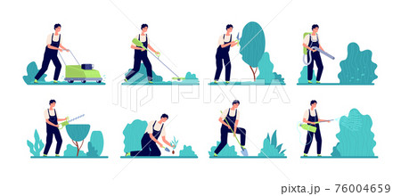 Gardener worker. Person work, rural organic farming or backyard garden services man. Professional farm care bush plants and tree vector set Gardener worker. Person work, rural organic farming or backyard garden services man. Professional farm care bush plants and tree vector set 76004659