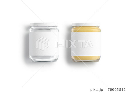 Blank glass jar with white label and peanut butter mockup Blank glass jar with white label and peanut butter mockup 76005812