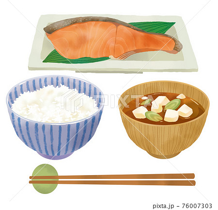 ご飯と味噌汁と魚 朝の和食のイラストレーションのイラスト素材