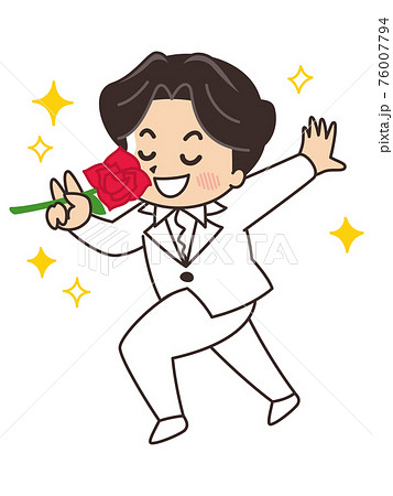 赤い薔薇を持ってキザなポーズを決める白スーツの男性のイラスト素材