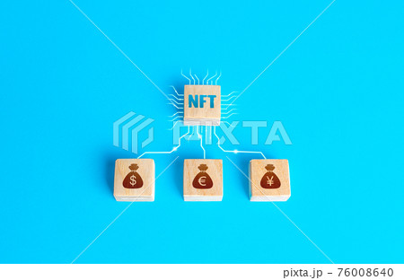 Blocks NFT non-fungible token and money connected by lines. Selling digital assets and art through auctions. Blockchain technology. Monetization, investment in cryptographic tokens, cryptocurrency. 76008640
