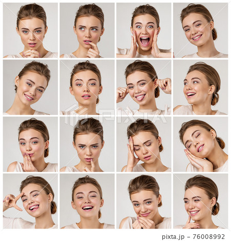 Collage of beautiful woman with different facial expressions Collage of beautiful woman with different facial expressions 76008992