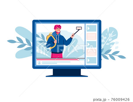 Traveling man with camera - tourism and travel blogging concept, flat cartoon vector illustration isolated on white background. Tourist leading live broadcast for blog. 76009426