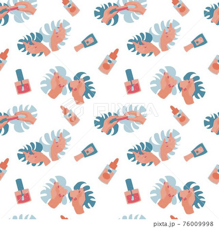 Seamless pattern with manicure tools hands and monstera leaves Flat vector illustration Seamless pattern with manicure tools hands and monstera leaves Flat vector illustration 76009998