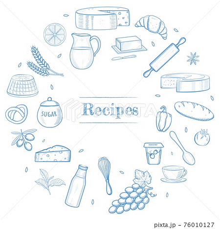 Hand drawn kitchen stuff, dairy and bakery products, vegetables, food ingredients. Recipe book template, restaurant menu icons, shavuot banner frame concept. Hand drawn kitchen stuff, dairy and bakery products, vegetables, food ingredients. Recipe book template, restaurant menu icons, shavuot banner frame concept. 76010127