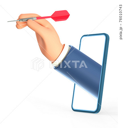 3D illustration of cartoon man hand holding a dart hitting the target through smartphone screen. 76010743