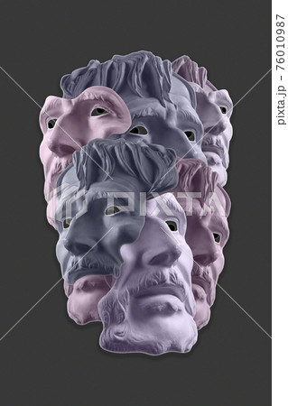 Collage with sculpture of human face in a pop art style. Modern creative concept image with ancient statue head. Zine culture. Contemporary art poster. Funky punk minimalism. Crypto art design. 76010987