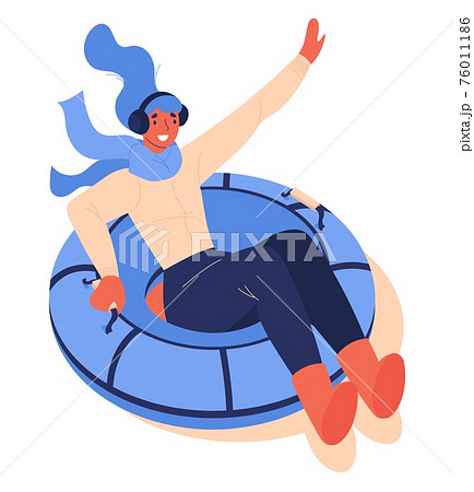 Young woman riding tubing donut in winter clothes smiling and happy. Vector concept illustration isolated on white 76011186