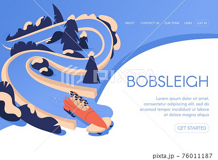 Bobsleigh landing page template concept drawn in blue color with snowy trees landscape and people team in professional sled 76011187