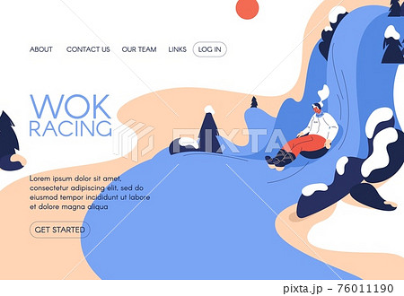 Wok racing winter activity landing page template. Vector character riding down the hill smiling and happy. Vector banner for web page Wok racing winter activity landing page template. Vector character riding down the hill smiling and happy. Vector banner for web page 76011190