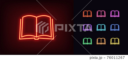 Neon open book icon. Glowing neon book sign, outline textbook silhouette 76011267