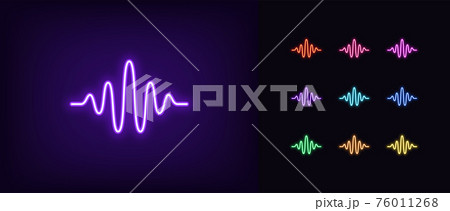 Neon sound wave icon. Glowing neon waveform sign, outline voice silhouette 76011268