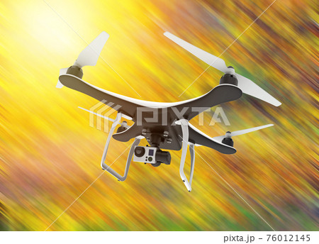 Drone with digital camera flying on a yellow background Drone with digital camera flying on a yellow background 76012145