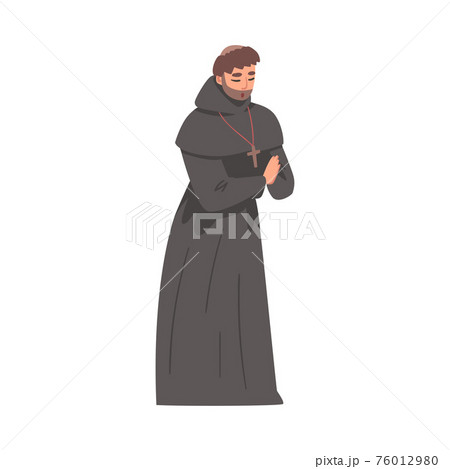 Medieval Man Priest or Monk Wearing Hooded Gown Praying Vector Illustration 76012980