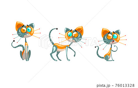 Cute Robotic Cat With Metal Tail And Whiskers のイラスト素材