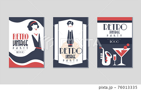 Retro Party Invitation Cards with Saxophone and Female in Black Dress Vector Set 76013335
