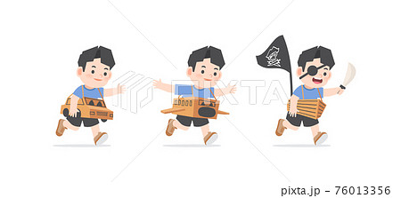 A imaginative asain boy be happy with playing car, airplane, boat cardboard box on white background, illustration vector. Kids concept A imaginative asain boy be happy with playing car, airplane, boat cardboard box on white background, illustration vector. Kids concept 76013356