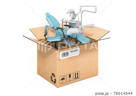 Dental chair unit inside cardboard box, delivery concept. 3D rendering 76014044