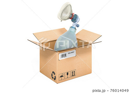 Bag valve mask, Ambu bag inside cardboard box, delivery concept. 3D rendering Bag valve mask, Ambu bag inside cardboard box, delivery concept. 3D rendering 76014049