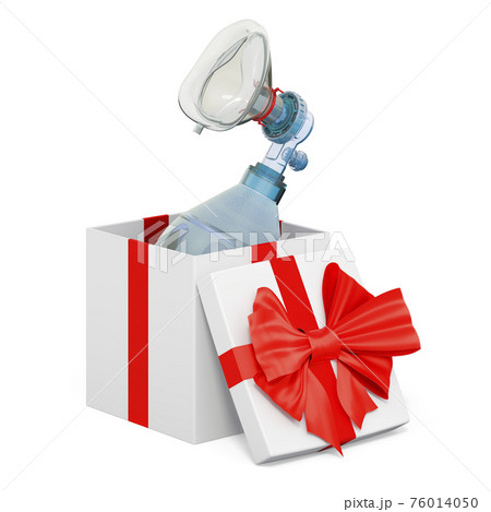 Bag valve mask inside gift box, present concept. 3D rendering Bag valve mask inside gift box, present concept. 3D rendering 76014050