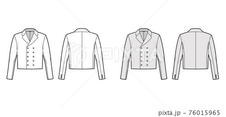 Monkey jacket technical fashion illustration with double breasted, long sleeves, notched collar, waist length. Flat 76015965