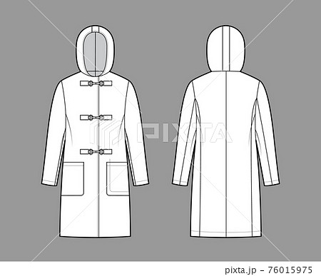 Clasp coat technical fashion illustration with long sleeves, hood, oversized body, patch pockets, knee length. Flat Clasp coat technical fashion illustration with long sleeves, hood, oversized body, patch pockets, knee length. Flat 76015975