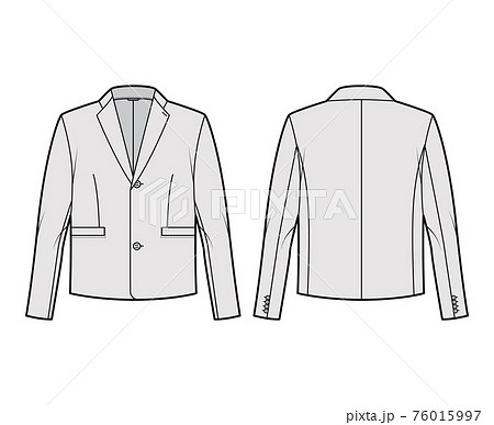 Single breasted jacket suit technical fashion illustration with long sleeves, notched lapel collar, flap welt pockets. Single breasted jacket suit technical fashion illustration with long sleeves, notched lapel collar, flap welt pockets. 76015997