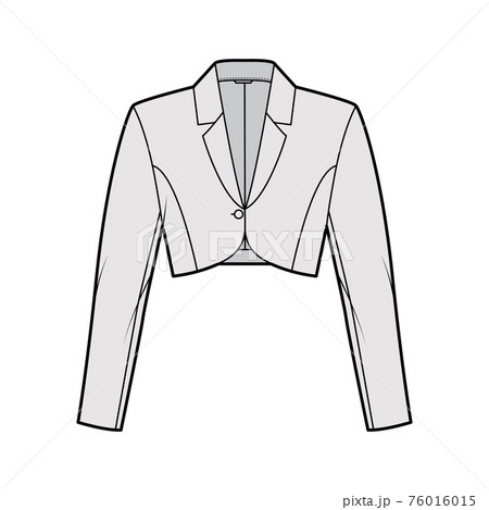 Bolero jacket technical fashion illustration with crop waist length, long sleeves, notched collar, button closure. Flat 76016015