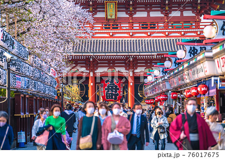 日本の東京都市景観 解除（緊急事態宣言再延長解除）で賑わいが戻った浅草寺は桜も満開＝3月29日 76017675