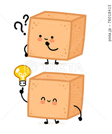 Cute brown cane sugar piece cube character with question mark and idea lightbulb. Vector flat line cartoon kawaii character illustration. Isolated on white background. Sugar cube character concept Cute brown cane sugar piece cube character with question mark and idea lightbulb. Vector flat line cartoon kawaii character illustration. Isolated on white background. Sugar cube character concept 76018415