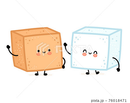 Cute funny happy white and brown cane sugar piece cube character. Vector flat line cartoon kawaii character illustration icon. Isolated on white background. Sugar cube characters concept Cute funny happy white and brown cane sugar piece cube character. Vector flat line cartoon kawaii character illustration icon. Isolated on white background. Sugar cube characters concept 76018471