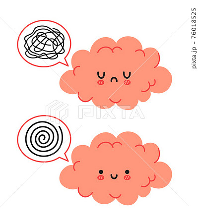 Cute funny brain character and speech bubble with messy thoughts. Vector hand drawn cartoon kawaii character illustration icon. Isolated on white background. Brain mental harmony character concept Cute funny brain character and speech bubble with messy thoughts. Vector hand drawn cartoon kawaii character illustration icon. Isolated on white background. Brain mental harmony character concept 76018525