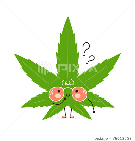 Cute funny Weed marijuana leaf with question marks. Vector hand drawn cartoon kawaii character illustration icon. Isolated on white background. Weed marijuana leaf think concept 76018558