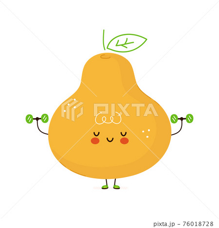 Cute funny Pear fruit with dumbbells. Vector hand drawn cartoon kawaii character illustration icon. Isolated on white background. Pear fruit gym concept Cute funny Pear fruit with dumbbells. Vector hand drawn cartoon kawaii character illustration icon. Isolated on white background. Pear fruit gym concept 76018728