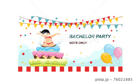 Girl jumping out of a giant cake against a background of balloons and flags. Social media cover banner. Vector, cartoon style. 76021885