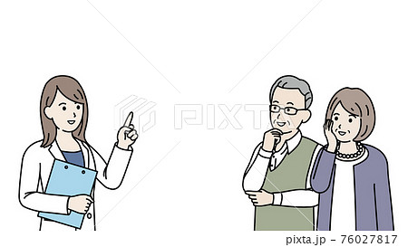老夫婦に説明する医師　女医　患者　シニア　年配　高齢者　イラスト素材 76027817