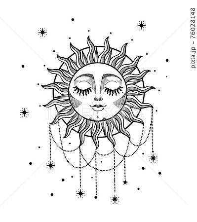 Beautiful boho sun with face, rays and precious jewelry. Hand drawn vintage linear tattoo. Celestial symbol for tarot and astrology cards. Vector illustration isolated on white background. 76028148