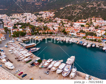 Aerial view of coastal area and marina of Kas during sundown, Turkey Aerial view of coastal area and marina of Kas during sundown, Turkey 76028882