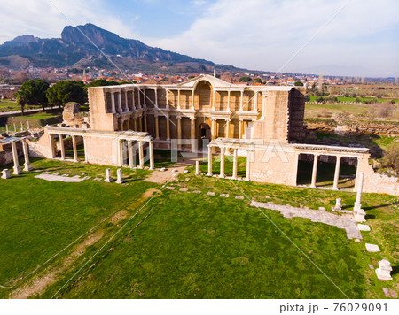 Aerial view of bath gymnasium complex ruins in Sardis, Turkey 76029091