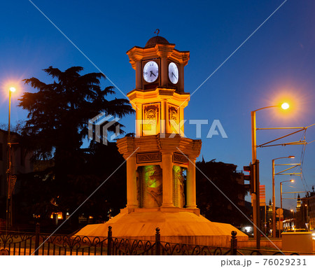 Lighted clock tower in center of Bursa in dusk, Turkey Lighted clock tower in center of Bursa in dusk, Turkey 76029231