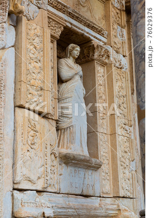 Sculpture of Arete on restored facade of Celsus Library in Ephesus, Turkey Sculpture of Arete on restored facade of Celsus Library in Ephesus, Turkey 76029376