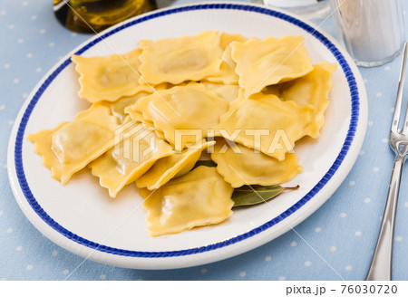 Plate of freshly boiled ravioli Plate of freshly boiled ravioli 76030720