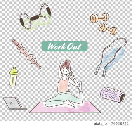 ワークアウトグッズと女性のイラスト ワークアウトグッズと女性のイラスト 76030721