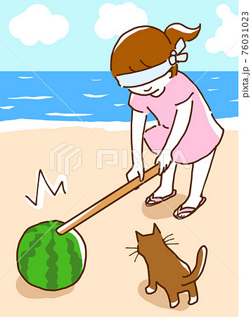 海辺で女の子がペットの猫とスイカ割りをしている線画のイラストのイラスト素材
