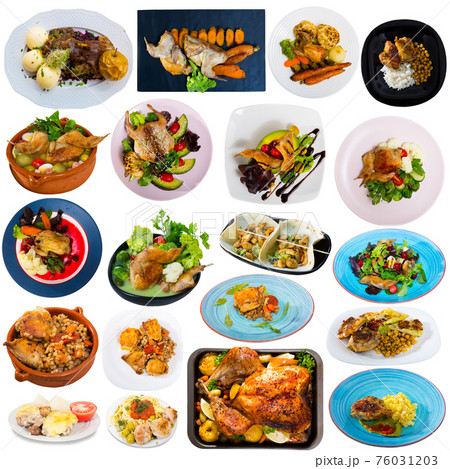 Dishes with cooked fried chicken and baked quail with different vegetables 76031203
